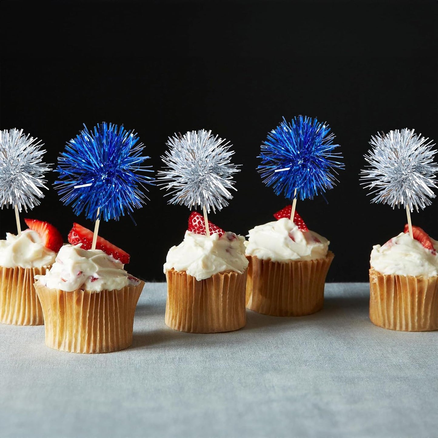 Gyufise 30Pcs Foil Firework Cupcake Toppers Sparkle Tinsel Cake Toppers Tinsel Drink Cake Decoration Cocktail Picks for Birthday Wedding Graduation Party Supplies Silver Dark Blue