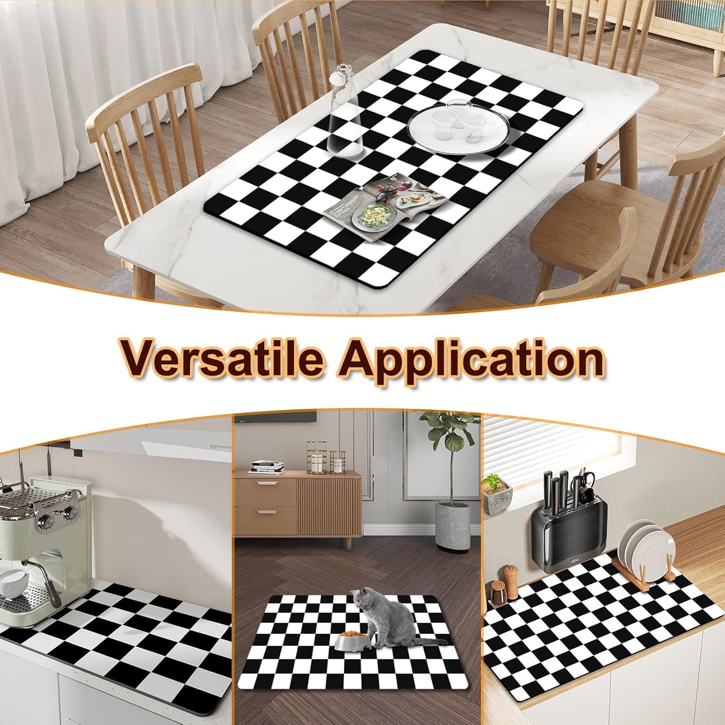 Dish Drying Mat for Kitchen, 15.7'' x 23.6'' Coffee Bar Mat for Countertops, Checkered Coffee Station Mats with Non-slip Rubber Backed, Absorbent Dish Dying Mat for Kitchen Counter, Black & White