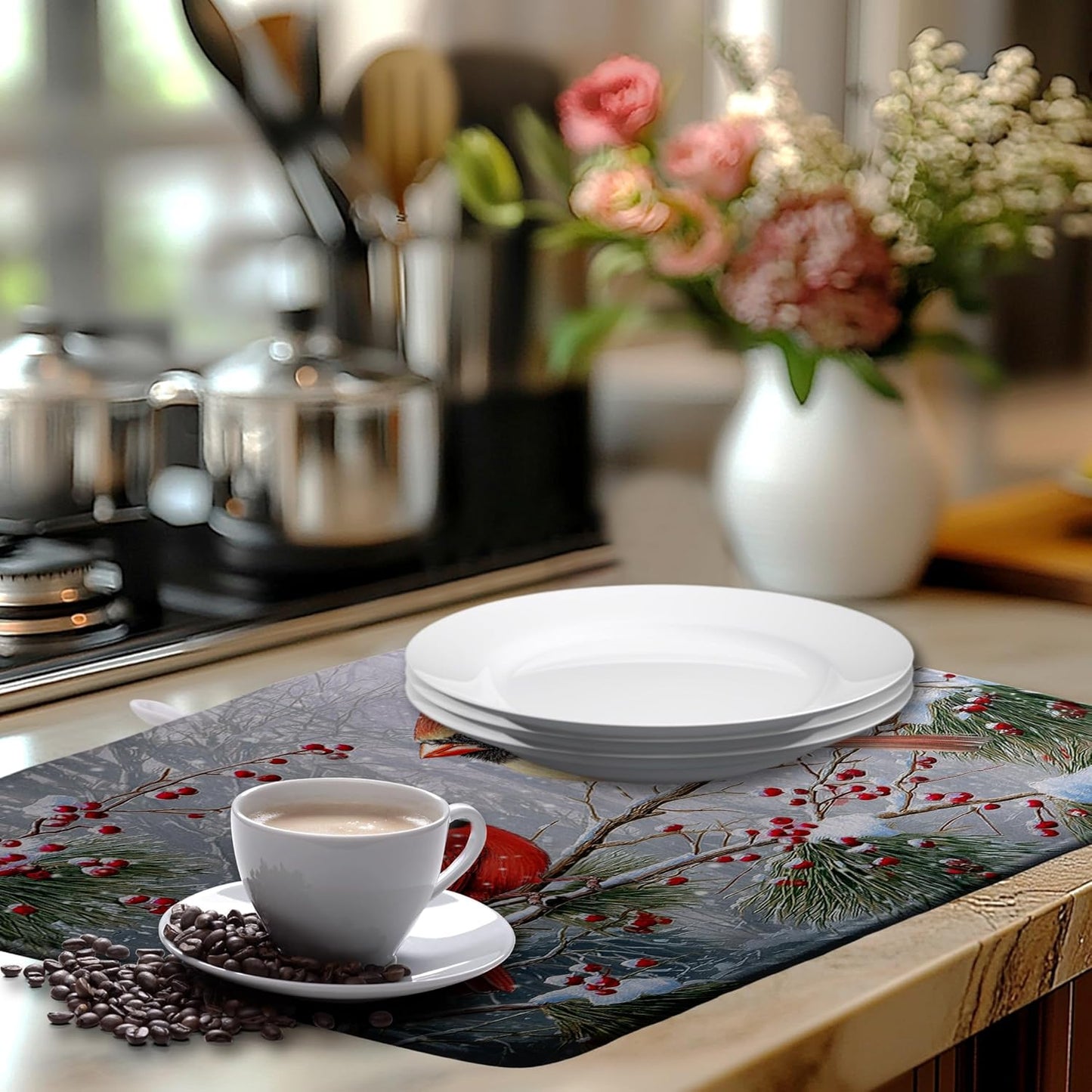 Winter Cardinal Birds Dish Drying Mats Christmas Snowflake Dish Mat Kitchen Tree Large Drying Matt Dishes Dryer Pad for Kitchen Counter Absorbent Microfiber Washable Foldable Reusable 18x24 in