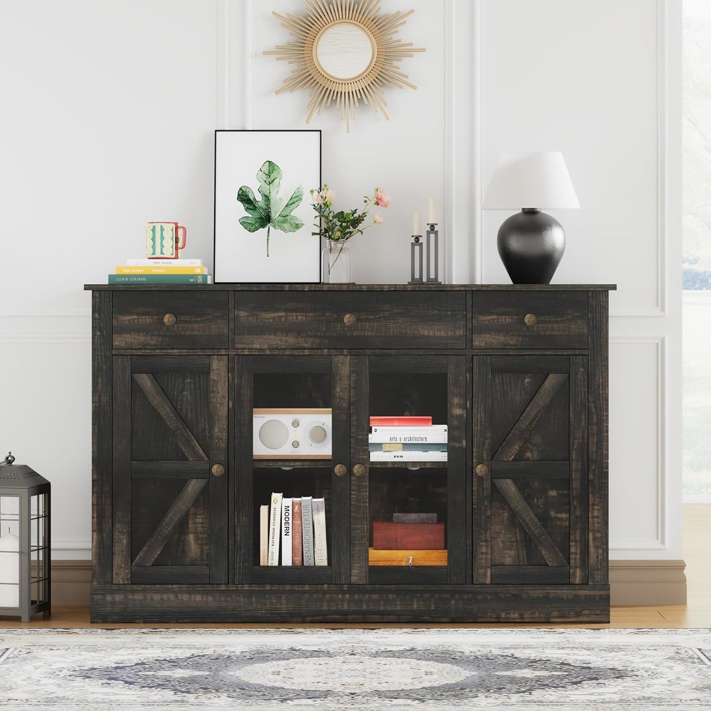 4 EVER WINNER 55" Coffee Bar with 4 Glass Doors and 3 Drawers, Sideboard Buffet Cabinet with Storage, Farmhouse Coffee Bar Cabinet with Adjustable Shelves for Kitchen, Dining Room, Rustic Oak