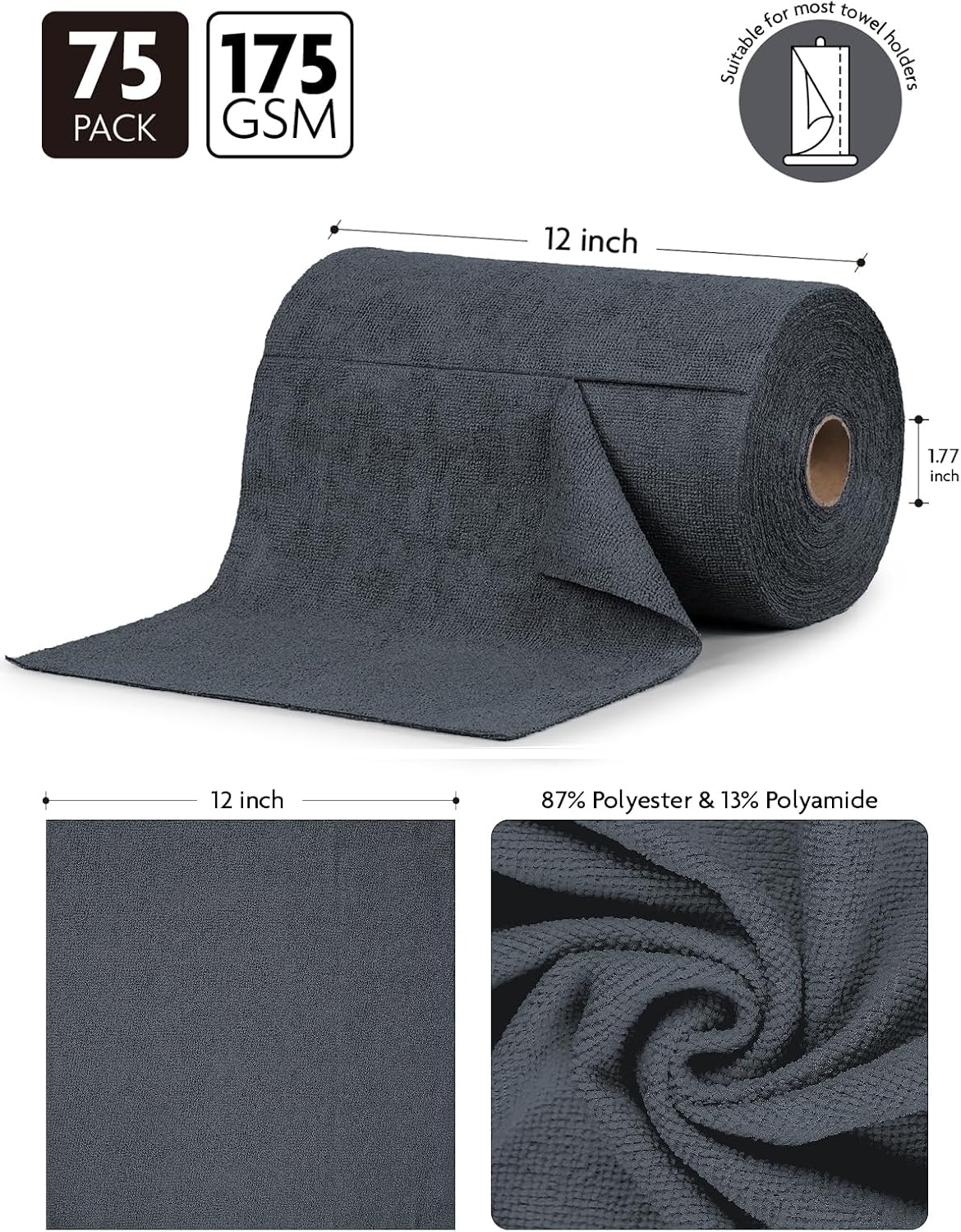 Fantasticlean Microfiber Cleaning Cloth Roll -75 Pack, Tear Away Microfiber Towels, 12" x 12", Reusable, Washable, Scratch Free, Ultra Absorbent for Car, Home Supplies (DimGray)