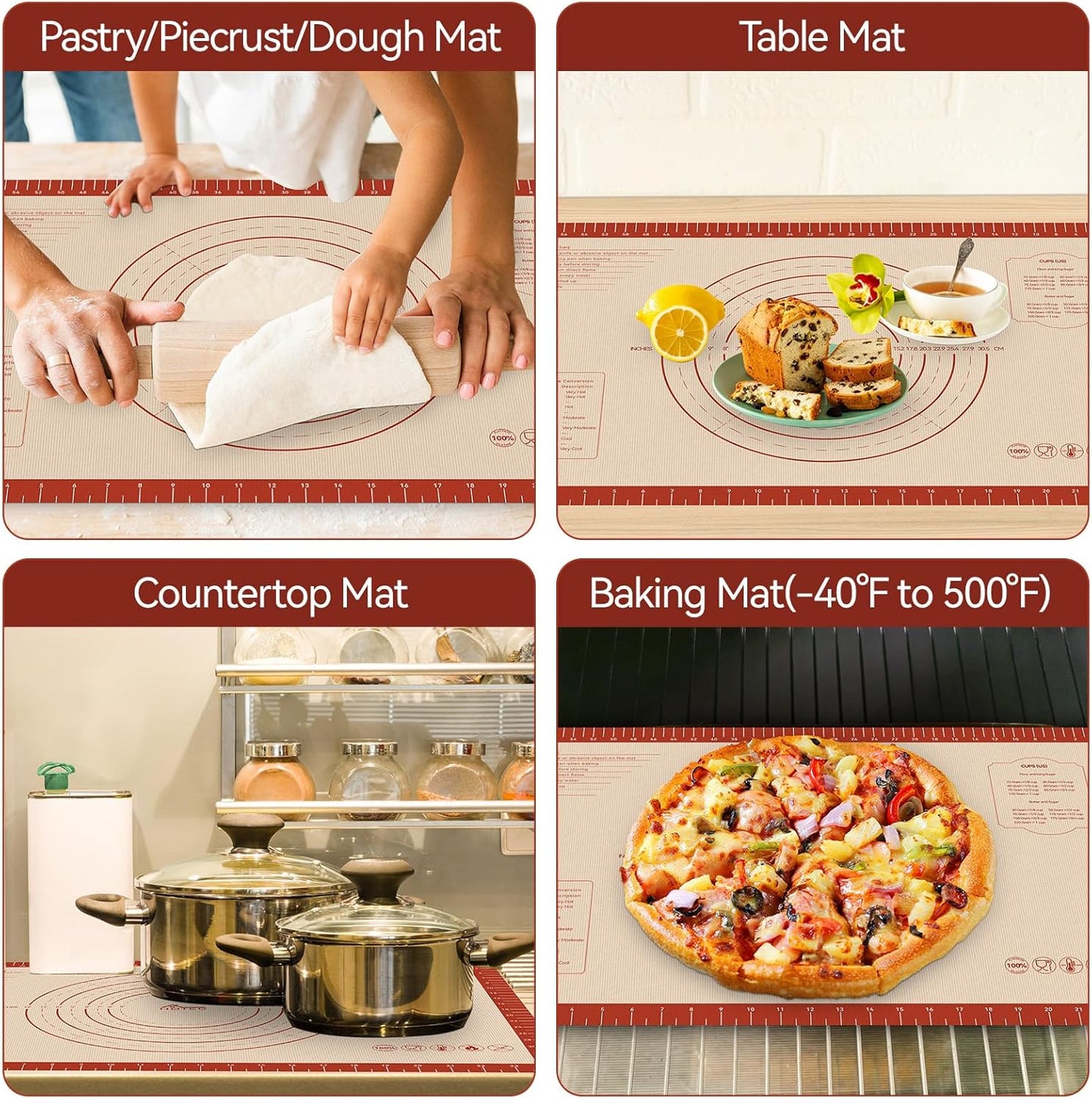 HOTEC Silicone Baking Mat - 26x16 Thickened Pastry Dough Mat with Measurement Non-Stick For Dough Rolling, Bread, Oven Liner, Kitchen Counter, Fondant/Pie Crust