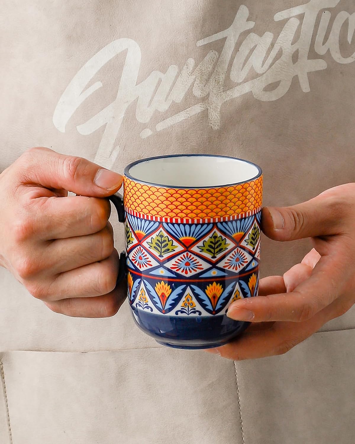 HENXFEN LEAD Coffee Mugs Set 14 Ounce - Multicolor Porcelain Cups for Latte, Hot Tea, Cappuccino, Cocoa, Soup, Dishwasher, Microwave Safe, Christmas Gift Set of 6 - Bohemian Style