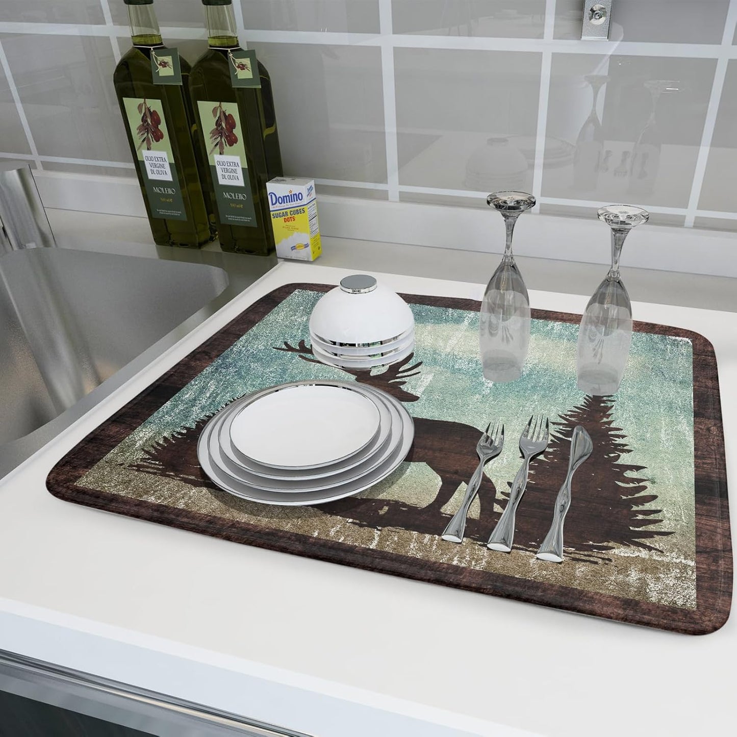 Retro Deer Forest Cabin Silhouette Dish Drying Mat Countertop 18x24 Fall Blue Sky Cloud Cartoon Elk Wild Animal Bushes Drainer Mat Pine Tree Grass Dishes Pad Rustic Moose Dish Drainer Rack