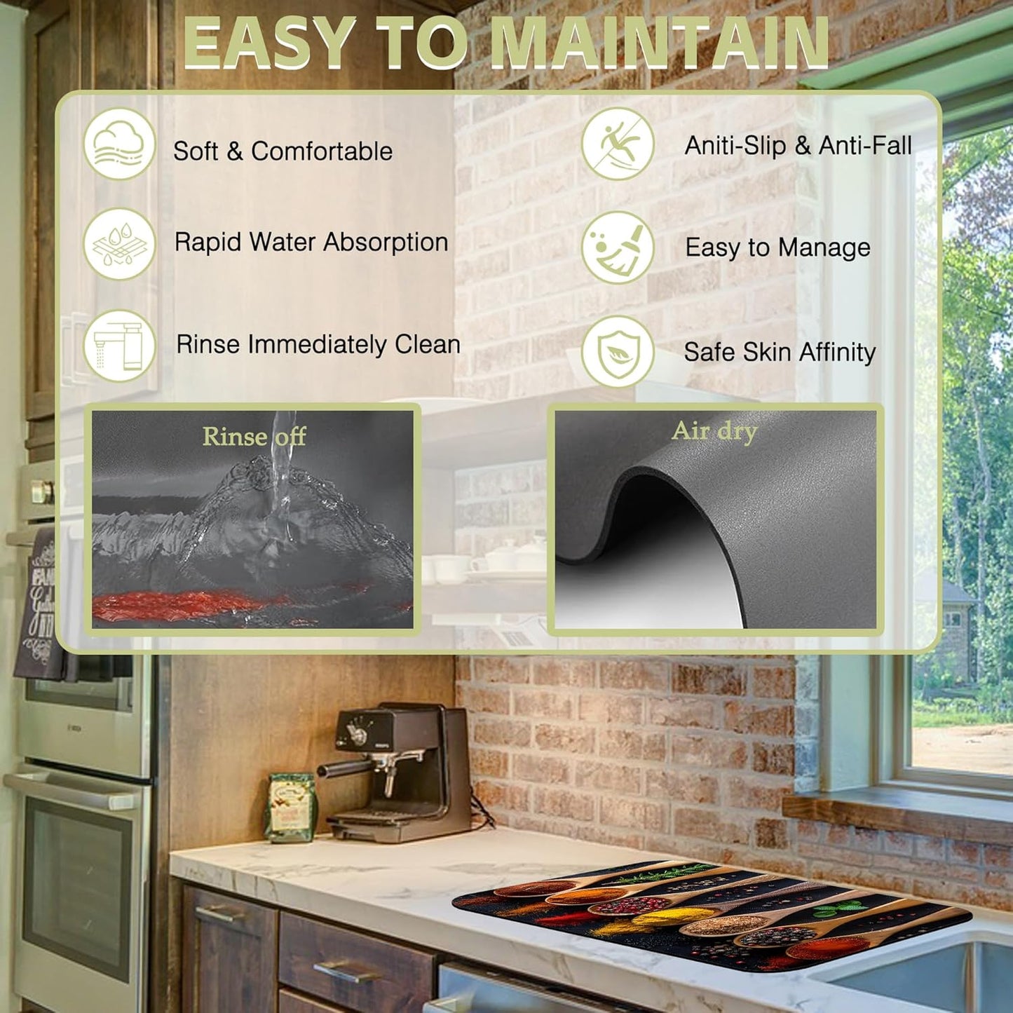 Dish Drying Mat Colorful Spices Herbs Kitchen Mat 12"x19" Bsorbent Coffee Maker Mat for Dishes,Utensils Coffee Maker Pots and Pans Easy Clean Dish Slip Resistant Pad