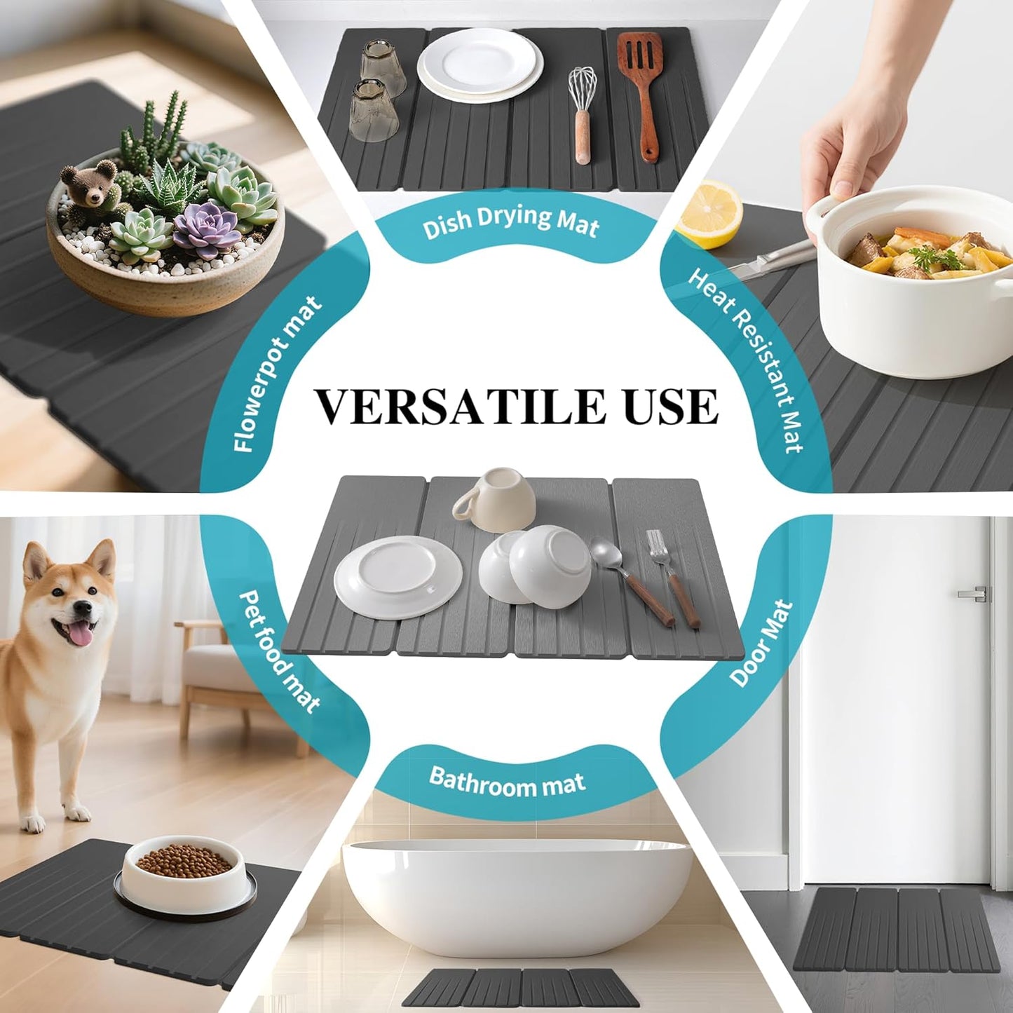 Extral Large Quick Dry Stone Drying Mat for Kitchen Counter,28x16 Inch Collapsible Eco-Friendly Absorbent Diatomaceous Earth Mat for Dishes Cups (Deep Gray-Upgraded Version, 24x16 inch)