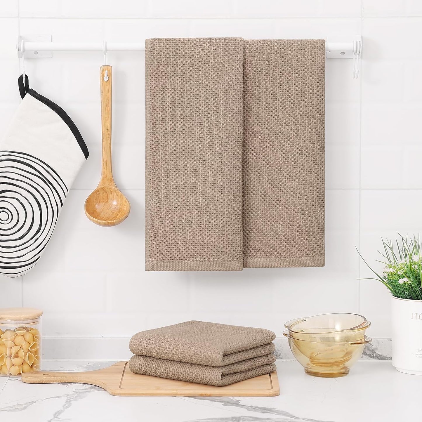 Kitinjoy 100% Cotton Waffle Weave Kitchen Towels, 4-Pack Super Soft and Absorbent Dish Towels for Drying Dishes, Kitchen Hand Towels, 13 in x 28 in, Tan