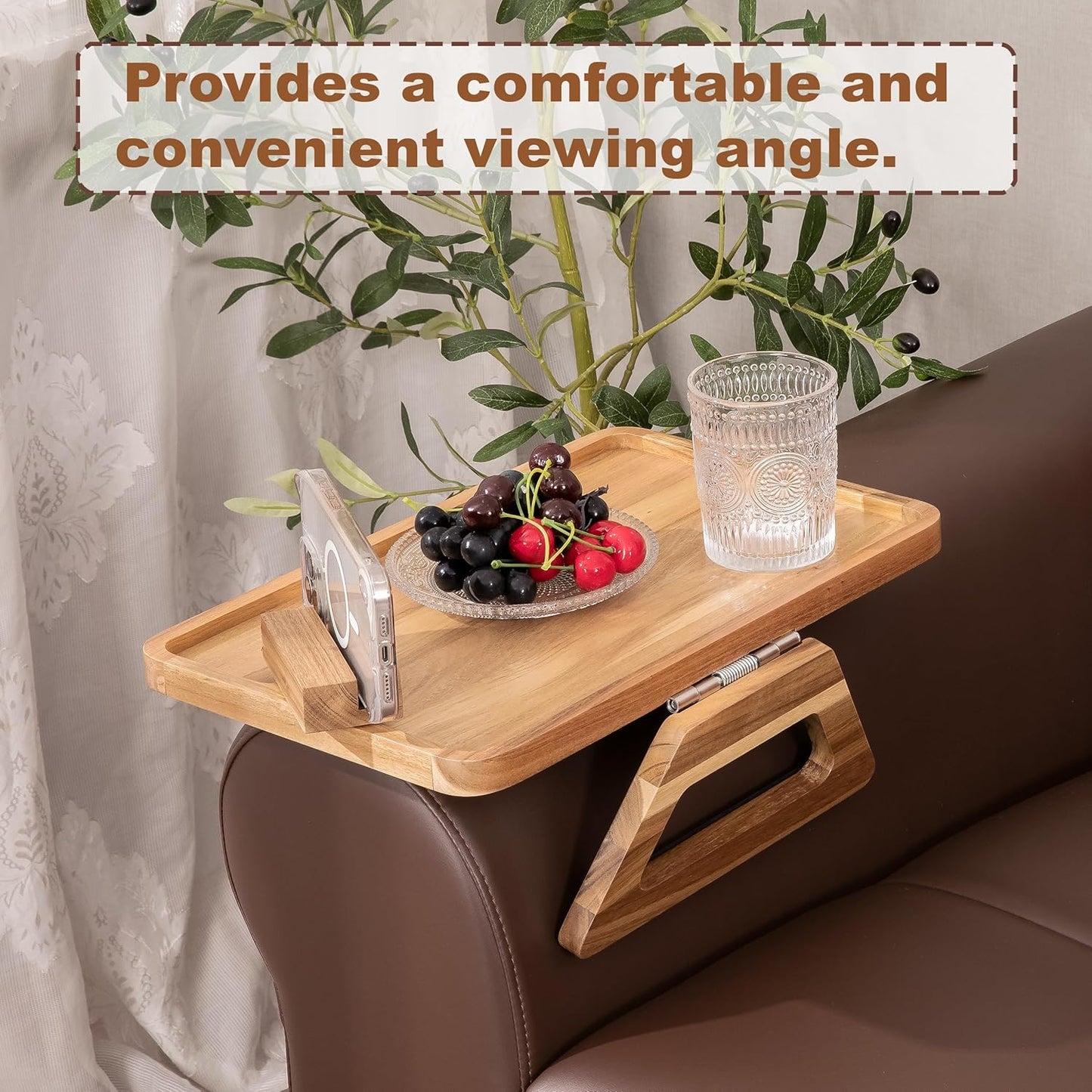 Acacia Wood Sofa Armrest Tray-15.4 x 9.84 in Double Hinge Sofa Arm Tray Table Clip-Couch Arm Table-Wooden Side Tables for Eating (Acacia,15.4" D x 9.84" W x 5.7" H)(Light Natural)