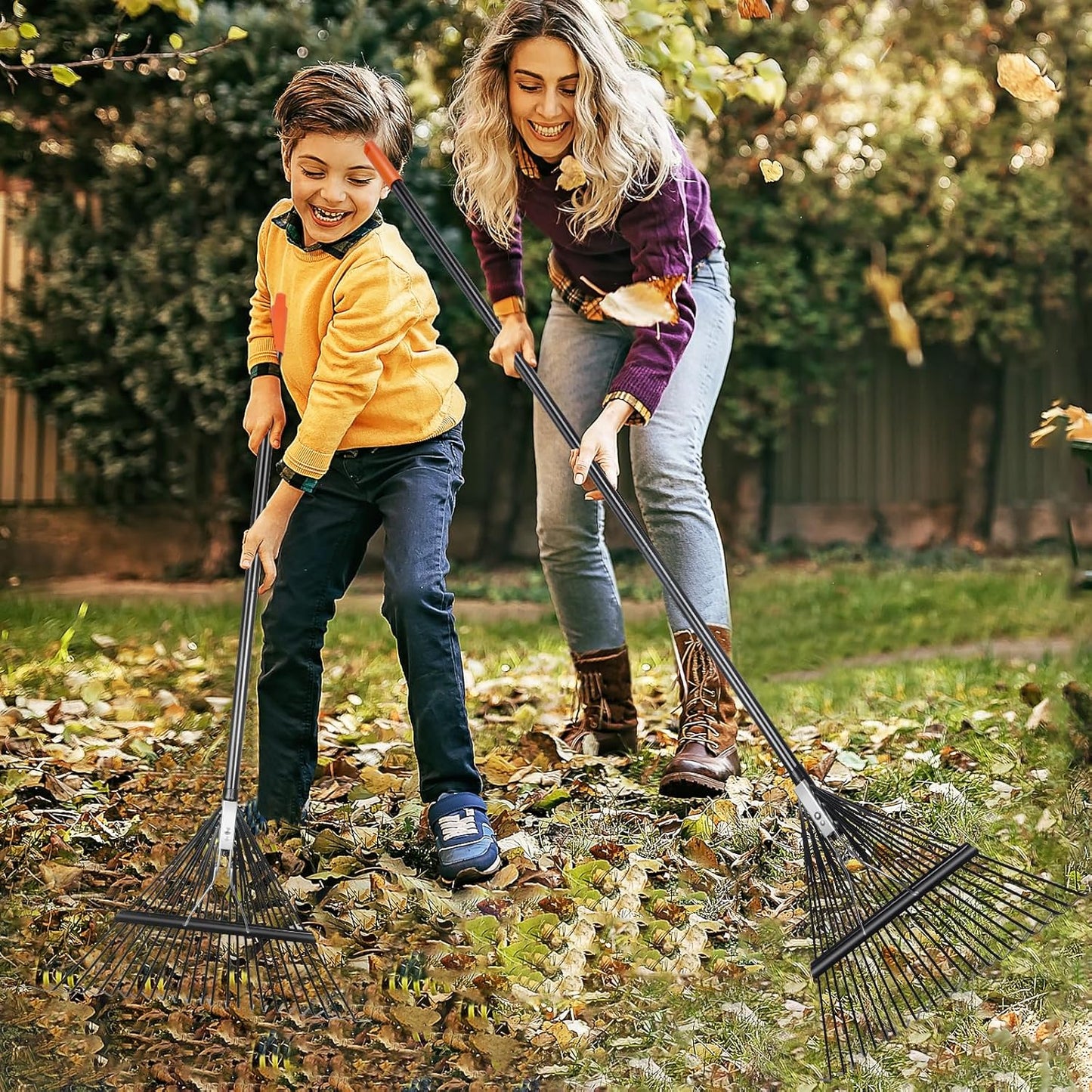 42 HRC Steel Gardening Leaf Rake, 24 Tines 23.2" Wide,Adjustable Split Long Handle 33-67",Suitable for Raking Leaves and Lawn Tidying,Garden rake and thatch rake Suitable for Adults(2 Pack