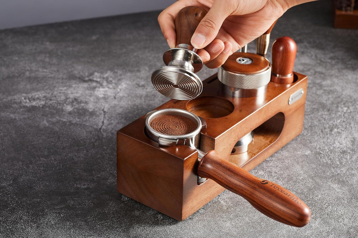 espresso tamping station called Coffee Tamper Station Fit 51 to 54mm Espresso Accessories The tamper holder Or organizer station Adjustable Portafilters Stand Height (7 IN 1)