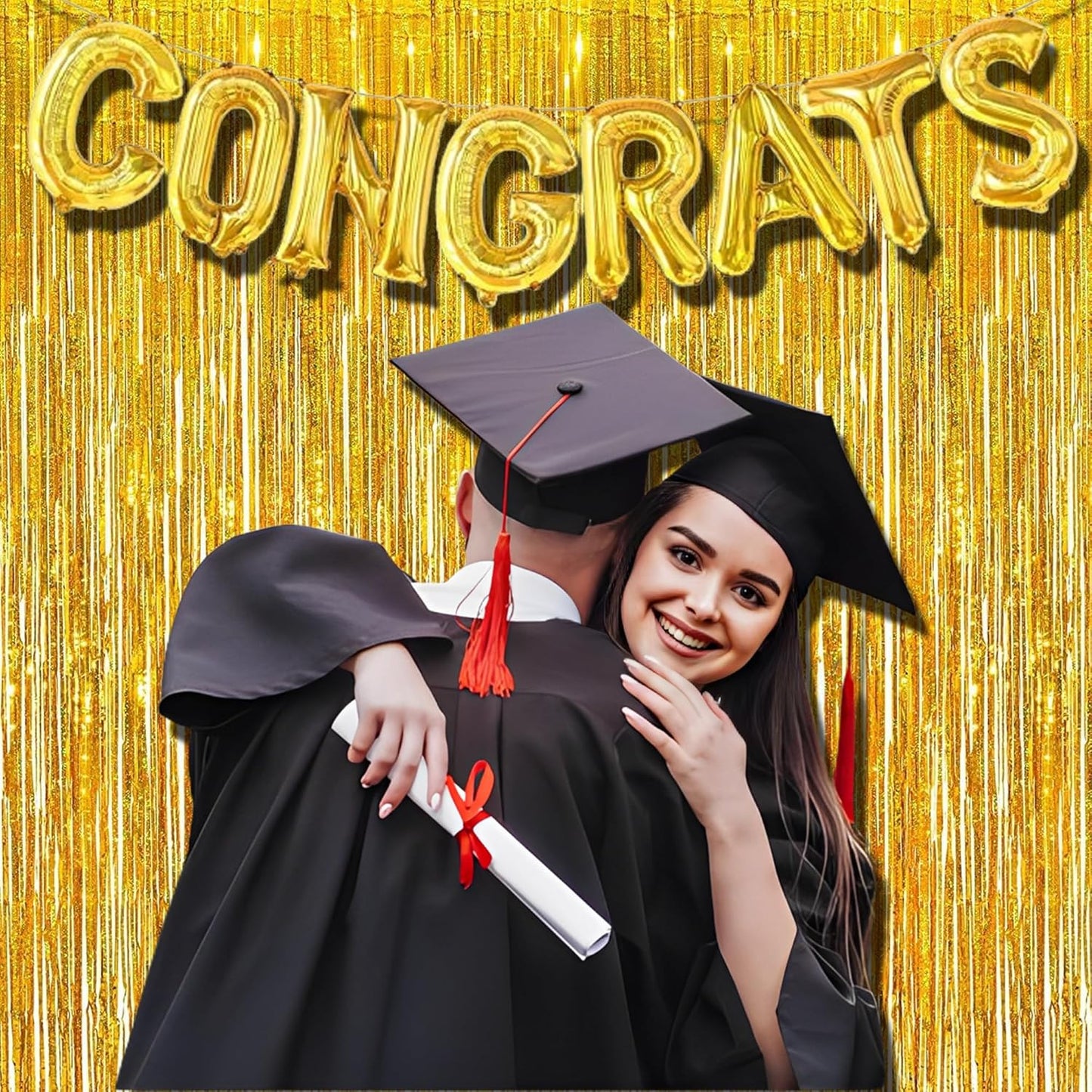 BRAVESHINE Gold Tinsel Foil Fringe Curtains - 2Pcs 3.2x8.2ft Holidays Photo Backdrop for Men 60th Birthdays/Bridal Wedding/Engagement/Anniversary/Hawaiian/Luau/Christmas/New Years Party Decorations