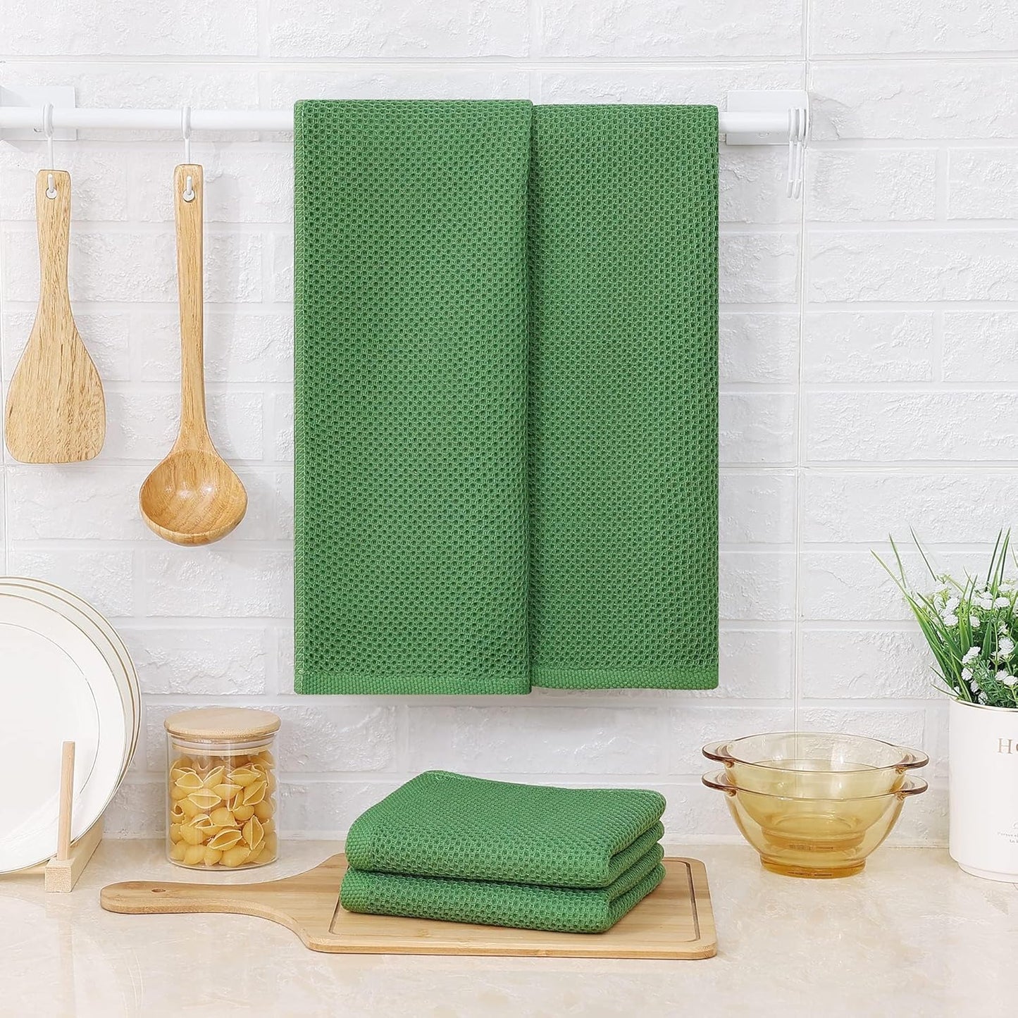 Kitinjoy 100% Cotton Waffle Weave Kitchen Towels, 6-Pack Super Soft and Absorbent Dish Towels for Drying Dishes, Kitchen Hand Towels, 13 in x 28 in, Grass Green