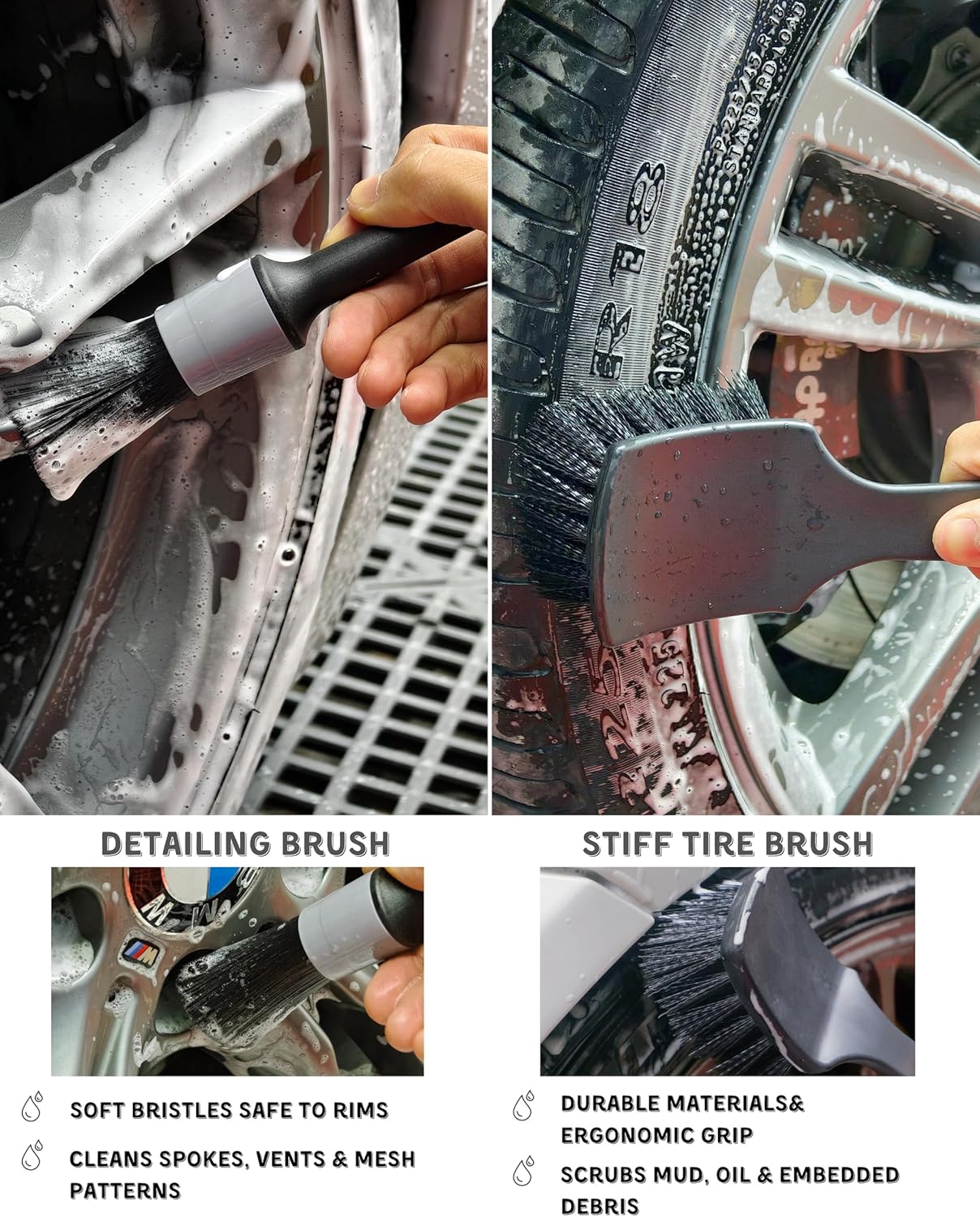 7PCS Pro-Grade Wheel Cleaning Kit: Long Handle Soft Wheel Brushes, Detailing Brush, Tire Scrubber, Wash Mitt, Hex-Logic Applicator & Microfiber Towel for Deep Car Detailing