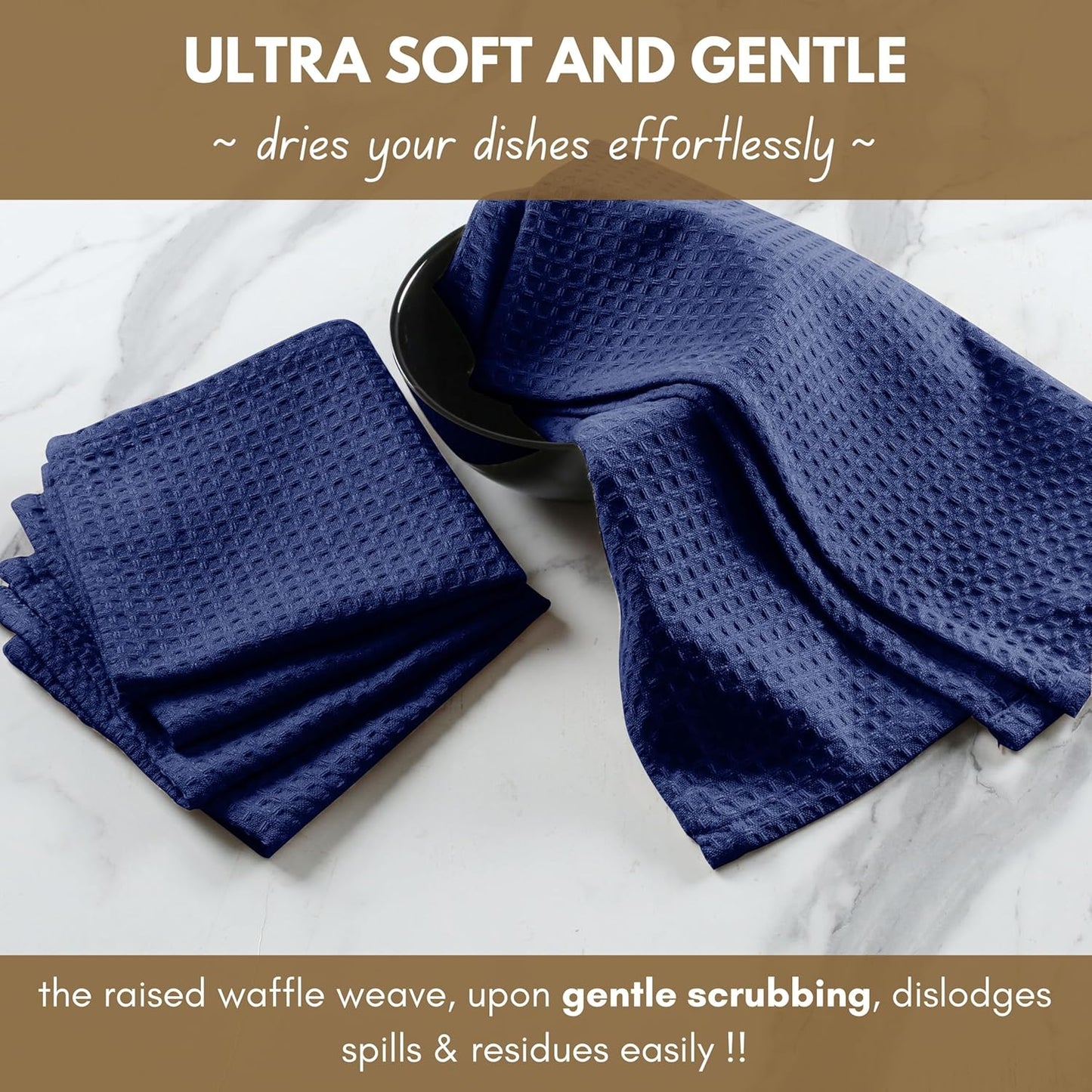 Native Fab Waffle Dishcloths 12 Pack - 100% Cotton, Ultra Absorbent Dish Cloths for Kitchen Cleaning, Drying, and Cooking - Soft and Durable Towels for Everyday Use, 12x12 inch - Ink Blue