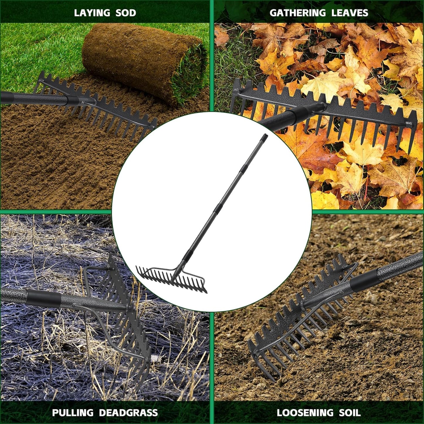 49'' Bow Rake ,17 Tines Metal Head Rakes with Stainless Steel Handle,Heavy Duty Garden Rake for Loosening Soil Gathering Leaf Leveling Lawn Farming Land Management Yarn Thatch Rake