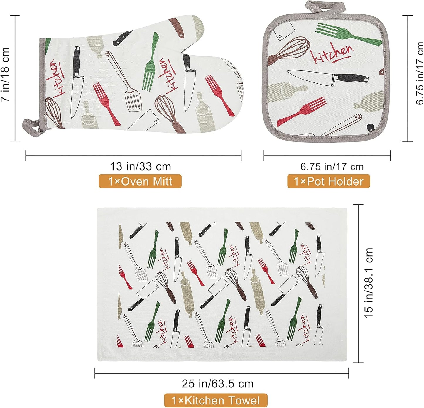 Oven Mitts and Potholders Dish Towles Set 100% Cotton for Perfect for Gifting, Baking, and Everyday Cooking Durable Heat Resistant for Kitchen and Machine Washable (3-Piece Fork and Knife)