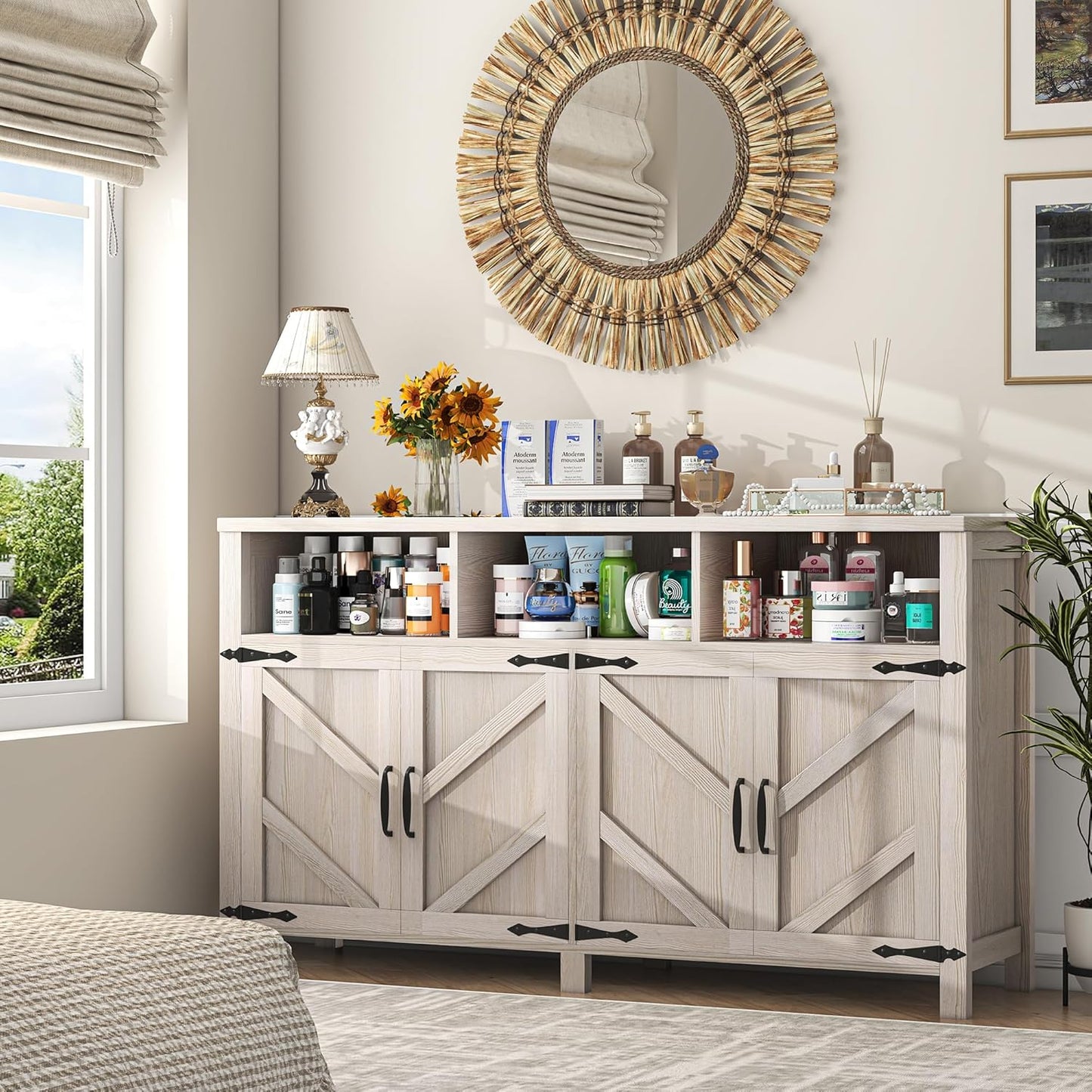 Buffet Cabinet with Storage Farmhouse with 4 Doors, 55'' Large Kitchen Storage Cabinet Wood Coffee Bar Buffet Sideboard for Kitchen, Dining Room, Entryway