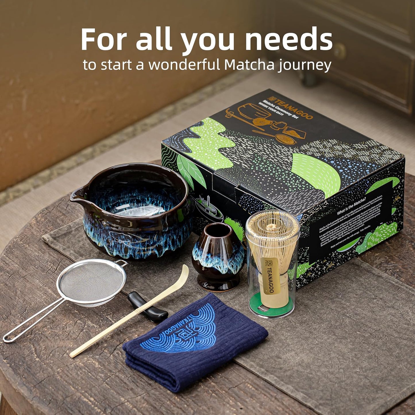 TEANAGOO Matcha Whisk Set, 7 Pcs Matcha Set Blue, Matcha Kit for Ceremony, Matcha Tea Set for Making Breakfast/Latte, Ceramic Matcha Bowl(chawan) whith Spout and Whisk, Gift for Friend/Family