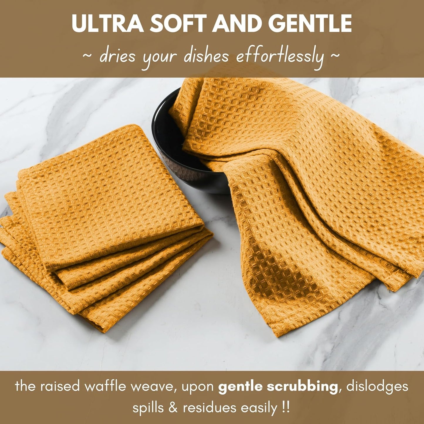 Native Fab Waffle 12 Pack Dish Cloths - 100% Cotton, Absorbent, Quick Drying, Washable Towels for Cleaning, Cooking - Great for Home, Restaurants, Bars, Multi Purpose Use - 12"x12" - Mustard Yellow
