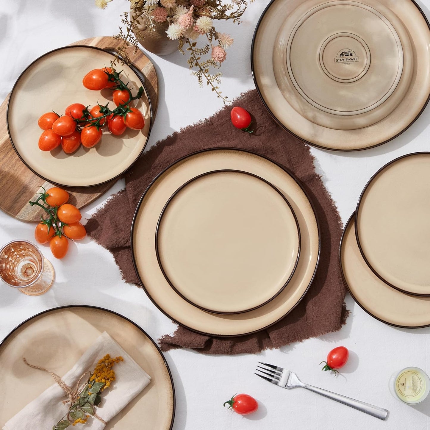 Herogo Ceramic 7.9 Inch Dinner Dessert Plates Set of 6, Small Stoneware Dinnerware Plate Set, Double Reactive Glaze Large Dinnerware Plates for Kitchen, Microwave, Oven & Dishwasher Safe, Cream Khaki