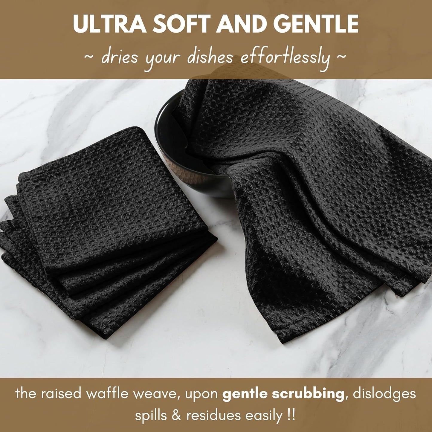 Native Fab 6 Pack Waffle Dish Cloths - 12x12 inches, 100% Cotton, Soft, Absorbent & Quick Drying Towels for Cleaning, Cooking & Baking - Great for Home, Restaurants, Bars, Multipurpose Use - Black