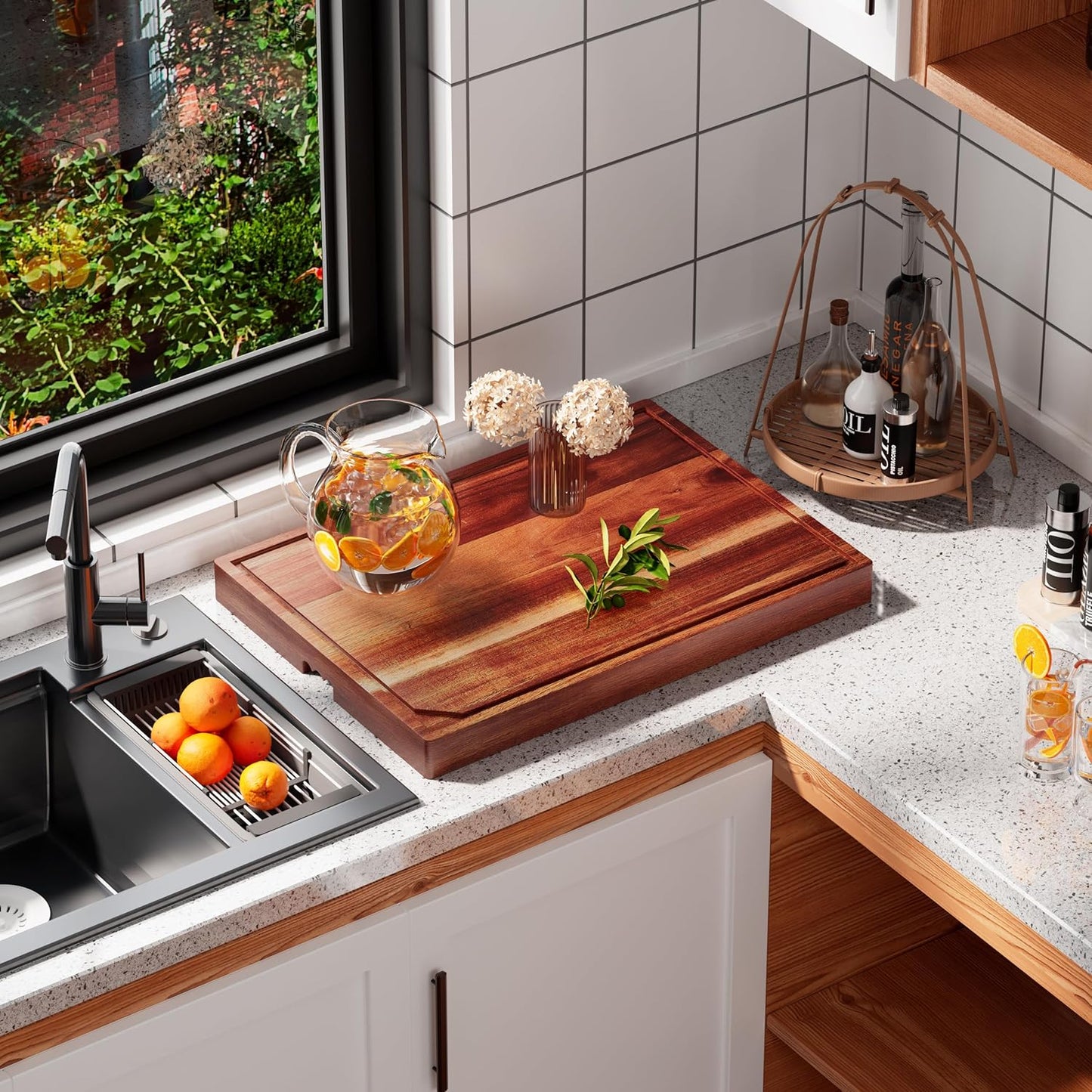 Acacia Noodle Board Stove Cover with Wavy Handles, Wooden Stove Top Cover for Gas Burners & Electric Stove, Stovetop Cutting Board with Juice Grooves, Serving Tray 30"L x 22"W x 2.5"H