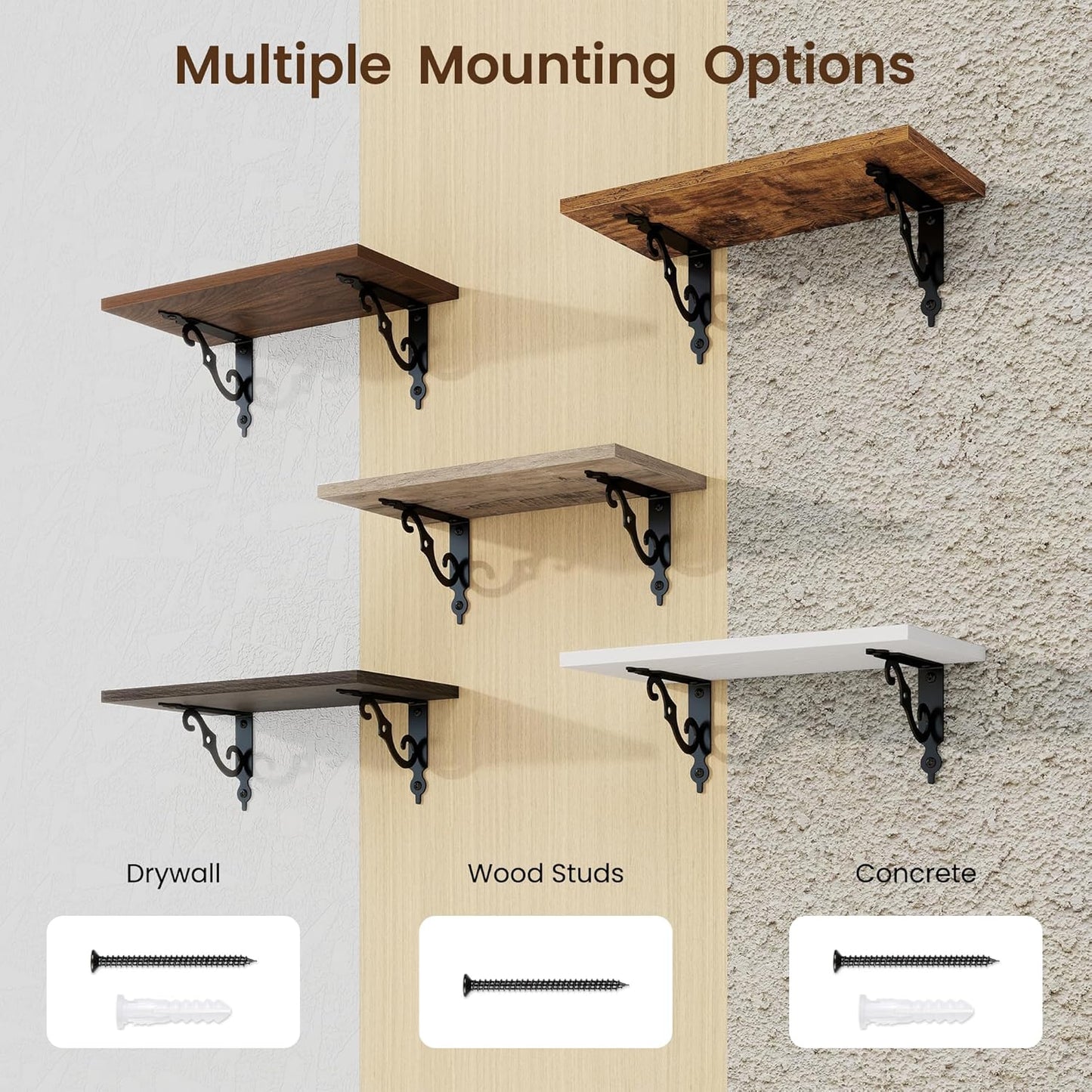 RICHFOCUS Floating Shelves for Wall Decor, 8 Inch Deep Shelves Set of 2, 16W x 8D Floating Shelves Wall Mounted with Metal Brackets, Rustic Wood Shelves for Living Room Bedroom Kitchen, Walnut