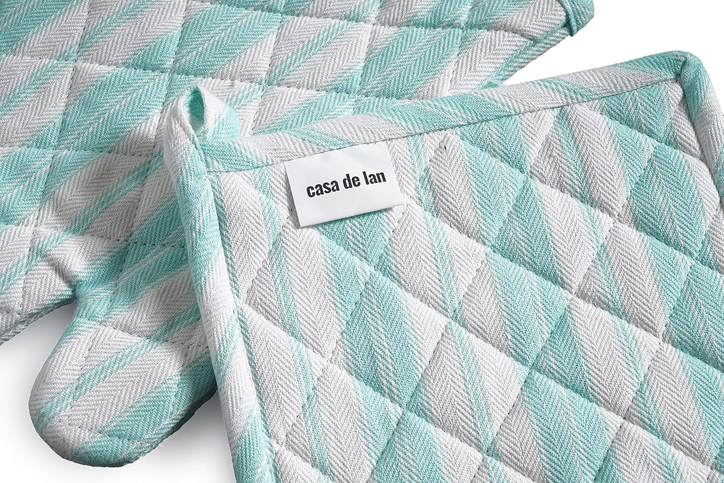 1 Oven Mitt, 1 PotHolder & 1 Kitchen Apron Set - Durable Heat Resistant Gloves - Thick Mittens for Kitchen - Suitable for Cooking, Baking, Grilling – Men & Women – Light Blue Stripes