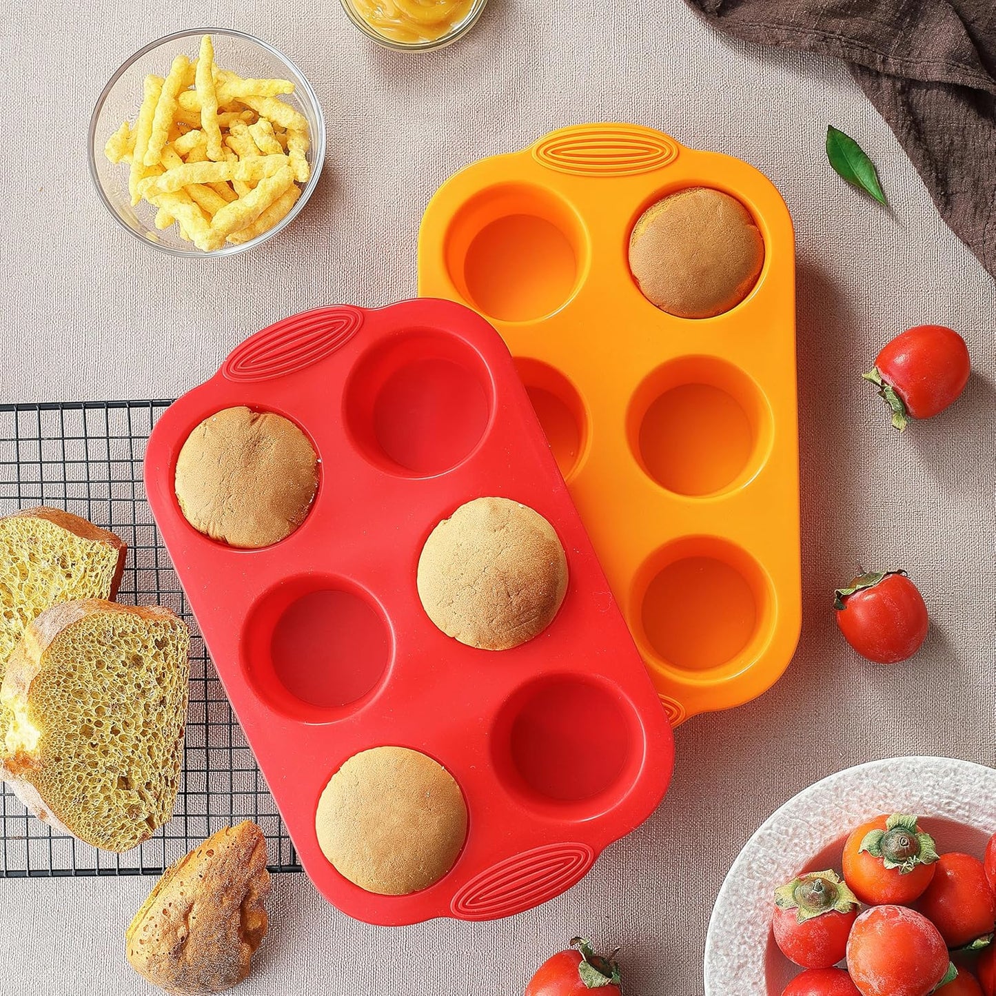2PCS Silicone Muffin Cupcake Pan Molds, 6-Cavity Non Stick Silicone Muffin Pans for Baking Muffin, Cupcakes, Brownies and More, Food Grade and BPA Free (Orange and Red)