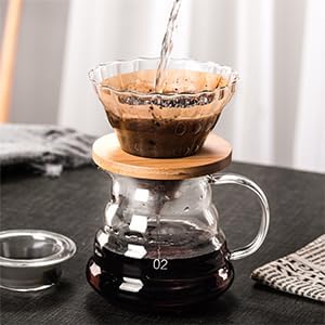 Gute Glass Coffee Dripper/Filter - Cone Glass Pour Over Coffee Dripper with Bamboo Stand, 1-4 Cups Drip Coffee Maker Funnel Accessories for Home, Office…