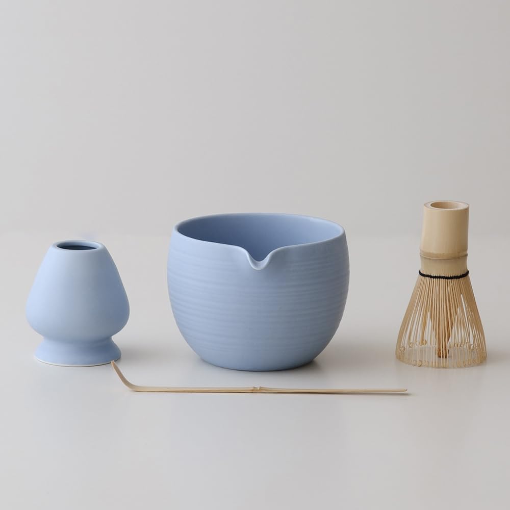 Matcha Whisk Set, Ceramic Matcha Bowl & Whisk Holder, Bamboo Accessory, Modern Design (Soft Haze Blue, Pouring Spout)
