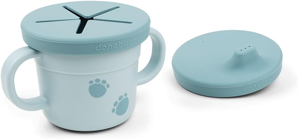 Done by Deer Elphee Blue Snack & Sippy Cup – Spill-Proof Toddler Cup with Soft Spout, Easy-Grip Handles, and Snap-On Lid – Perfect for 6-Month-Olds