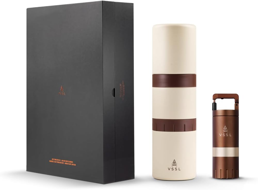 Nest Pour Over Coffee Kit + Java G25 Grinder Gift Set, Contains Two 10 Oz Mugs, Splash Proof Lid, Pour Over Coffee Dripper, Java G25 Grinder and Storage Connector, Cream