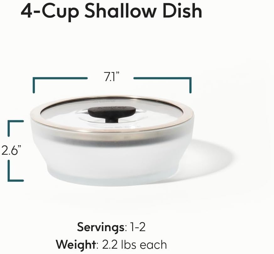 Anyday 4-Cup Microwave Cookware & Glass Container with Glass Lid, Plastic-Free Shallow Food Storage | Stackable Airtight Steamer with Vented Lid for Microwave-Safe Reheating, Steaming Vegetables