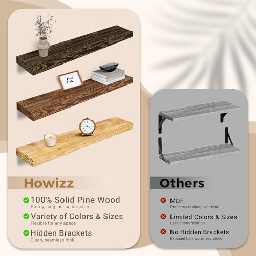 72'' Pine Wood Floating Shelf for Wall - Rustic Wall Mounted Wooden Shelf for Stylish Home Décor, Fireplace Mantel 72inch (Dark Brown, 72x8x2) - 1pcs