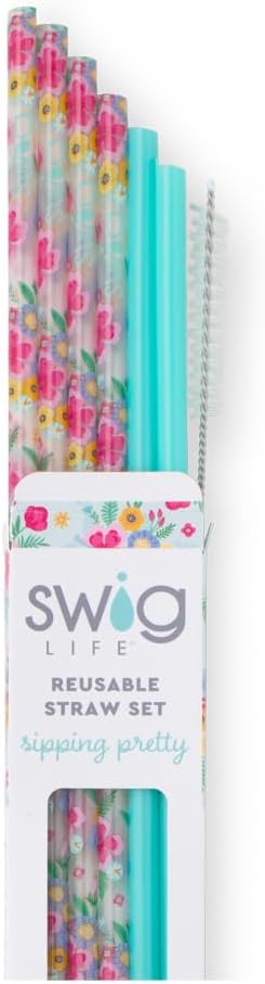 Swig Life Reusable Straws Island Bloom + Aqua Tall Straw Set & Cleaning Brush, Each Straw is 10.25 inch Long (Fits Swig Life 20oz Tumblers, 22oz, and 32oz Tumblers)