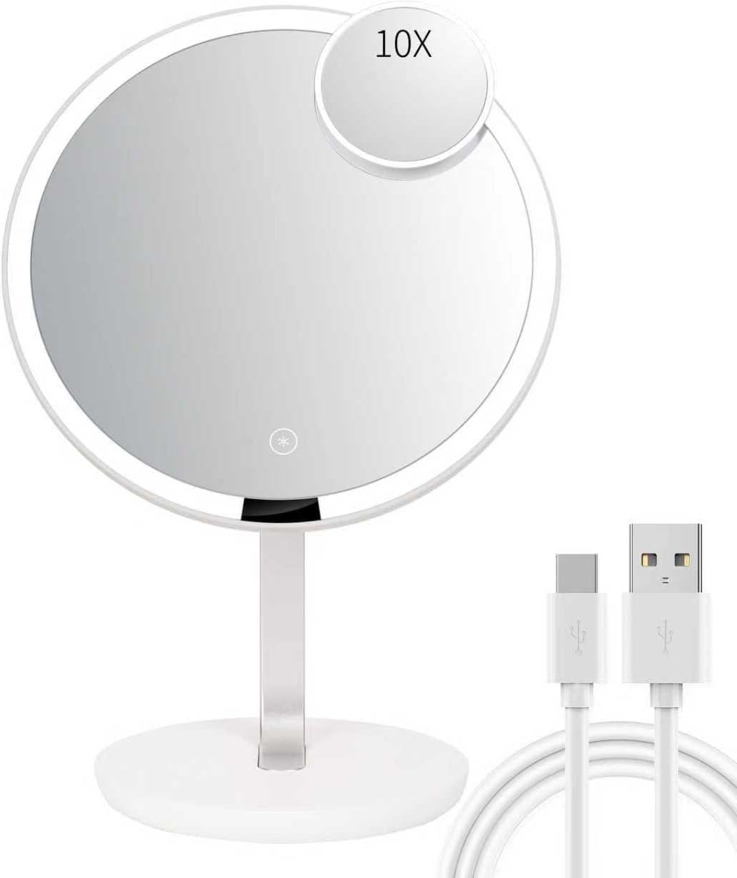 9.65-inch Lighting Makeup Mirror, 1x / 10x,Touch Control,3-Color Adjustable,Metal Stand,up and Down Adjustable Makeup Mirror, High Color Rendering, Eye-Protecting Light Source,Silver