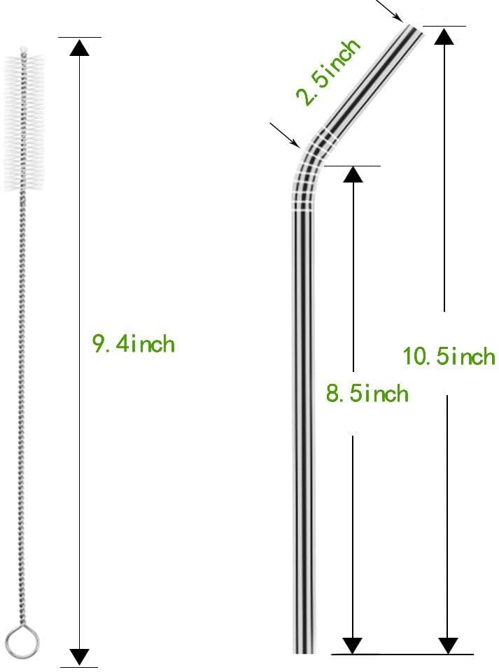 Set of 10 Stainless Steel Straws, HuaQi Bent Reusable Drinking Straws 10.5'' Long 0.24‘’ Dia for 30 oz Tumbler and 20 oz Tumbler, 2 Cleaning Brush Included (10 Bent Staw + 2 Brushes）