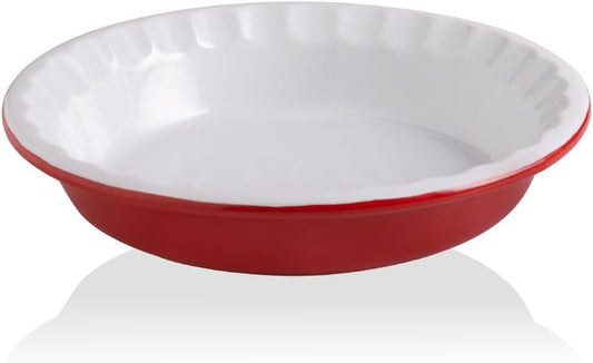 Sweejar Ceramic 10.4 Inch Pie Pan, Deep Porcelain Round Dish, Non-Stick for Pumpkin & Apple Pies, Farmhouse Design (Red)