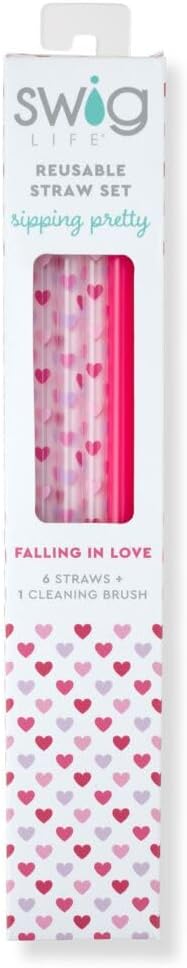 Swig Life Reusable Straws Falling In Love + Pink Tall Straw Set & Cleaning Brush, Each Straw is 10.25 inch Long (Fits Swig Life 20oz Tumblers, 22oz, and 32oz Tumblers)