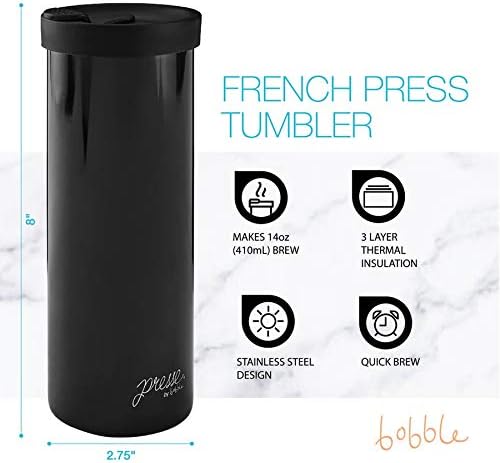 bobble French Coffee Presse, On-The-Go use, Quick Brew, Slim Design, Triple Wall Insulation, 14 oz (Stainless Steel)