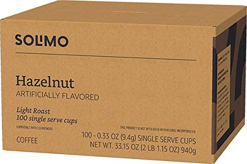 Amazon Brand - Solimo Light Roast Coffee Pods, Compatible with Keurig 2.0 K-Cup Brewers, Hazelnut Flavored, 100 Count (Pack of 1)