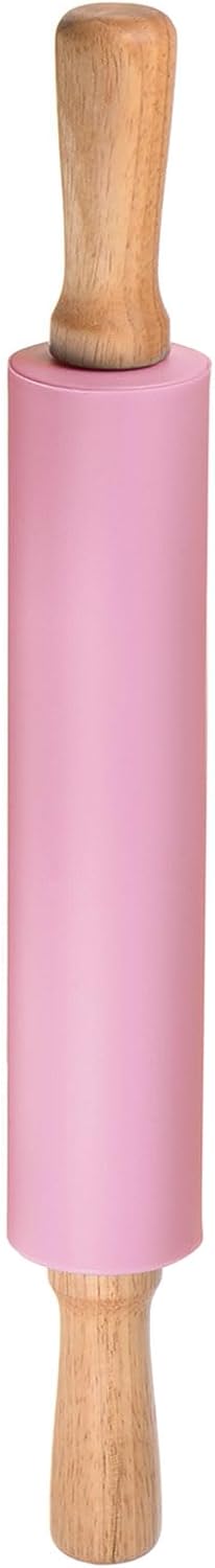 HARFINGTON Silicone Rolling Pins for Baking 17 Inch Wooden Handle Non Stick Rolling Pin Small Roller Play Dough Rolling Pins for Dough Pizza Pastry Fondant Kitchen Baking, Pink