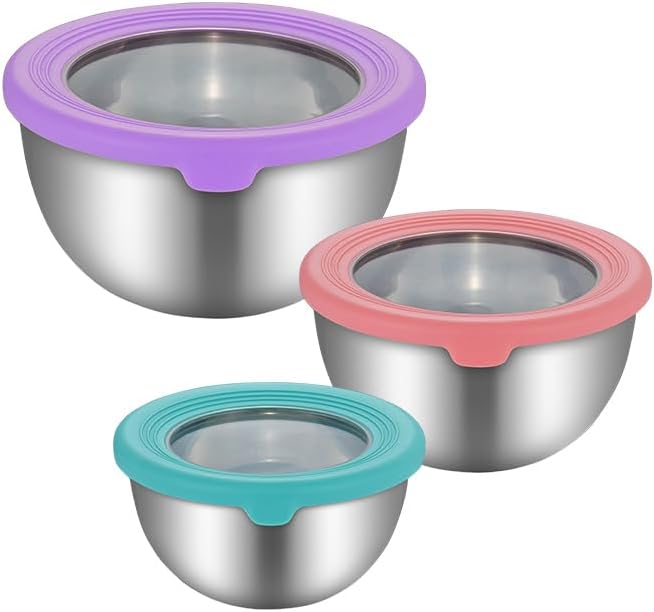 Mixing Bowl Set with Lids 3 Pieces Stainless Steel Mixing Bowl Nesting Metal Bowl Set for Cooking Baking Prepping & Food Storage Dishwasher Safe