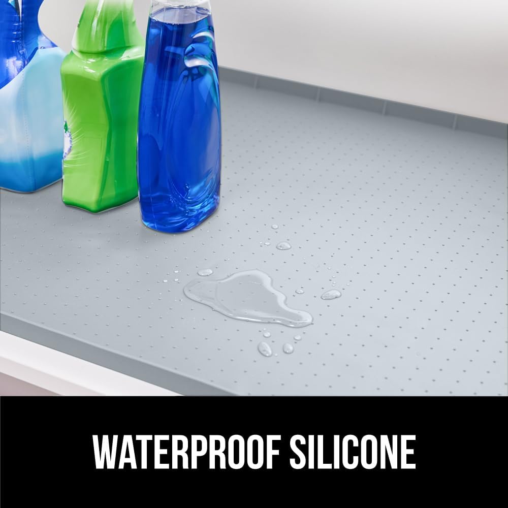 GORILLA GRIP Waterproof Silicone Under Sink Mat with Raised Lip for Kitchen and Bathroom, 46 x 22 in, Cabinet Shelf Liner Stay in Place Mats Dishwasher Safe Drawer Liner, Organizer Tray, Light Grey