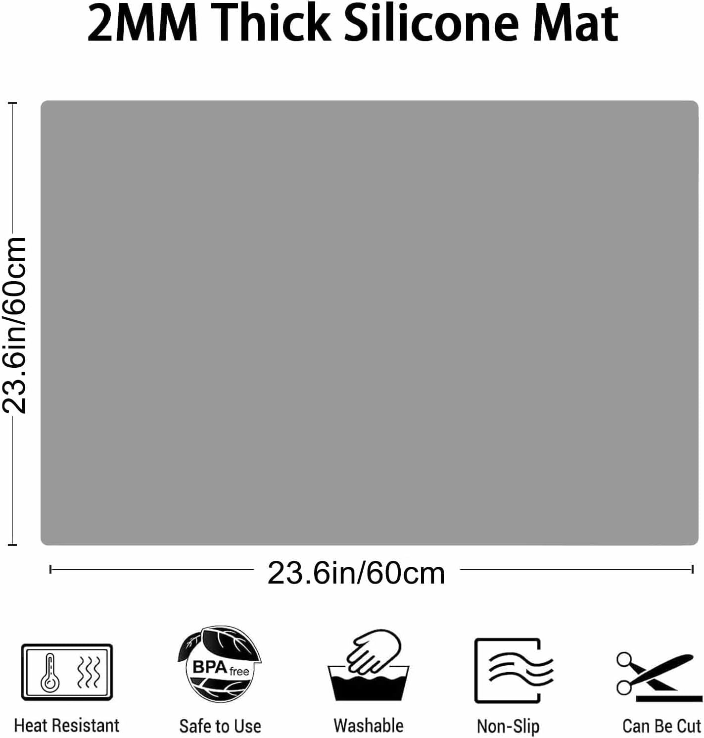 2MM Thick Silicone Countertop Mat, 23.6"x 23.6" Silicone Mats for Kitchen Counter, Nonslip Heat Resistant Mat, Large Kitchen Counter Mats, Waterproof Countertop Protector Light Gray