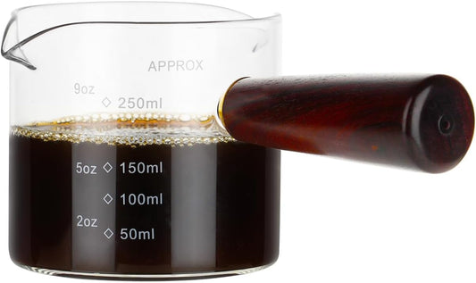 250ML/8.5OZ Measuring Cup Espresso Shot Glasses Double Spouts Large Coffee Cup with Wood Handle Triple Pitcher Milk Cup Parts Clear Glass By BCnmviku (250ml-1pack)