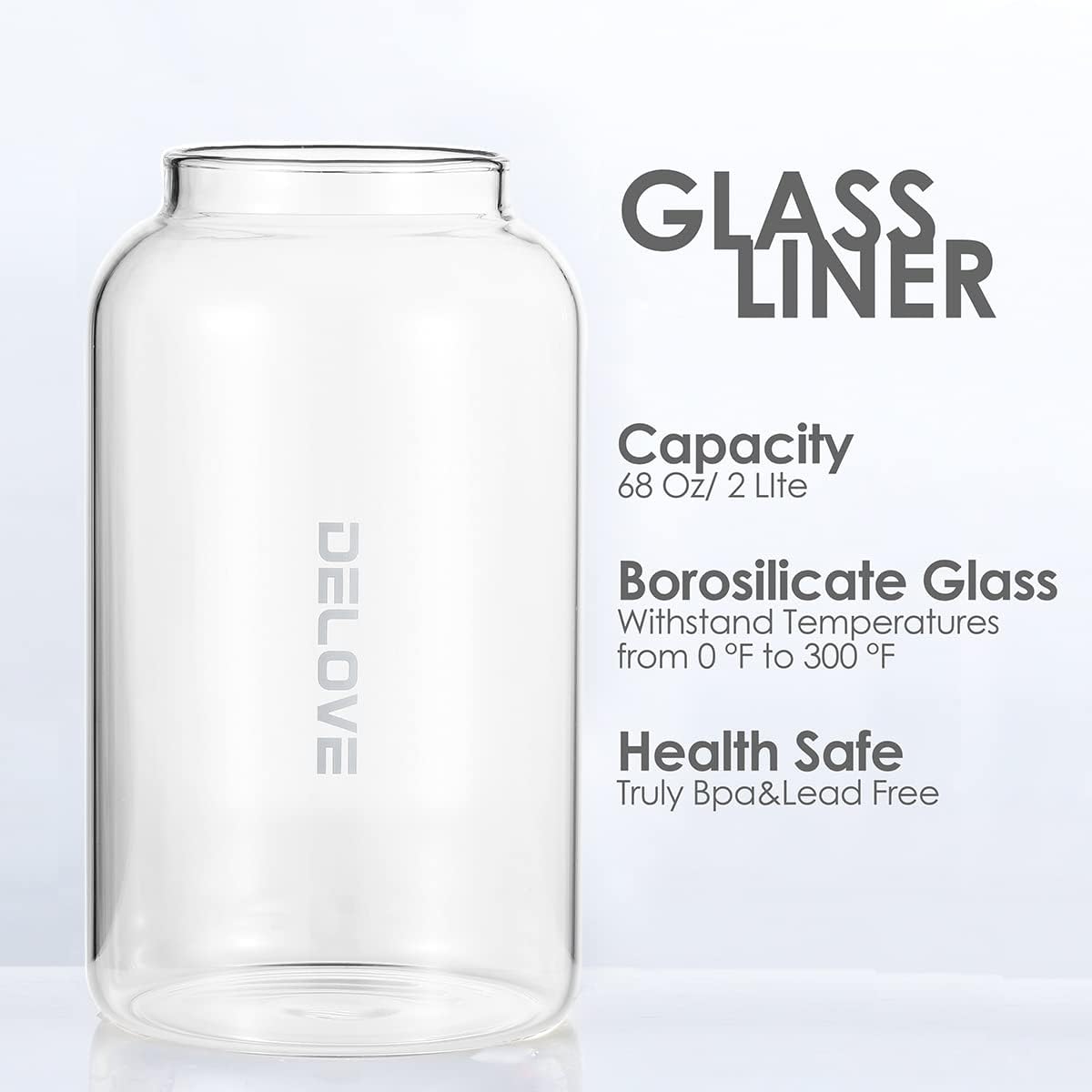 Delove 68 oz/2 Liter Glass Pitcher with Shatterproof Shell - Heat Resistant Glass Liner - Stainless Steel Lid - Carafe & Jug for Iced Tea,Hot/Cold Water,Homemade Juice Beverages (Blue)