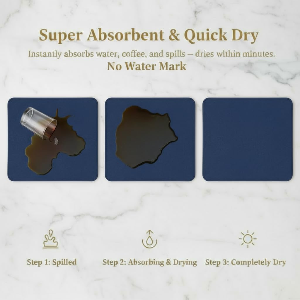 Dish Drying Mat Super Absorbent – 24" x 16" Coffee Mat for Countertops – Non-Slip Drying Mat for Kitchen Counter – Easy to Clean Water Absorbent Mat – Large Dish Drying Mats (Navy Blue)