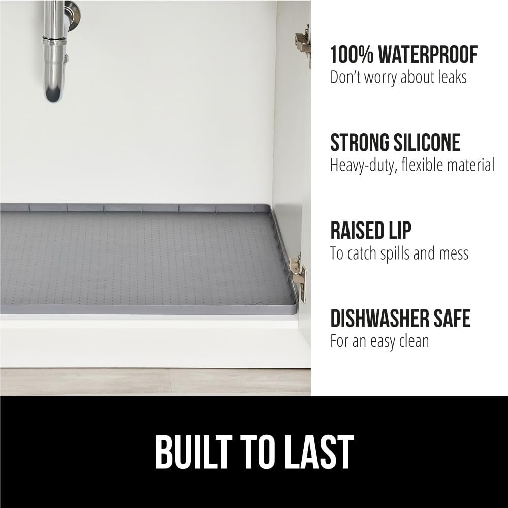 GORILLA GRIP Waterproof Silicone Under Sink Mat with Raised Lip for Kitchen and Bathroom, Cabinet Shelf Liner Stay in Place Mats Dishwasher Safe Drawer Liner, Organizer Tray, 19 x 34 in, Gray